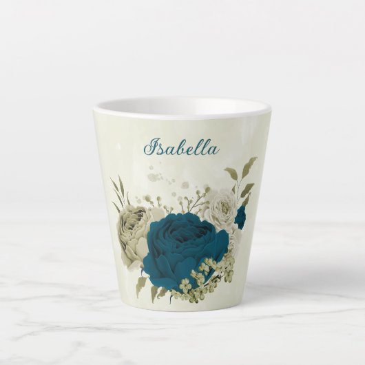 groenblauw beige bloemmotief latte mok (Voorkant)