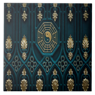 Groenblauw en Goud Aziatisch Abstract Tegeltje