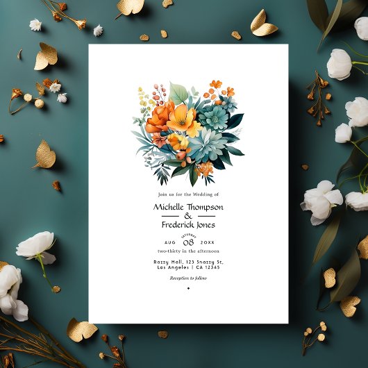 Groenblauw en gouden bloemen bruiloft kaart