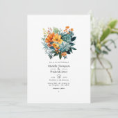 Groenblauw en gouden bloemen bruiloft kaart (Staand voorkant)