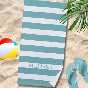 Groenblauw en wit gestreepte naam cabana streep strandlaken