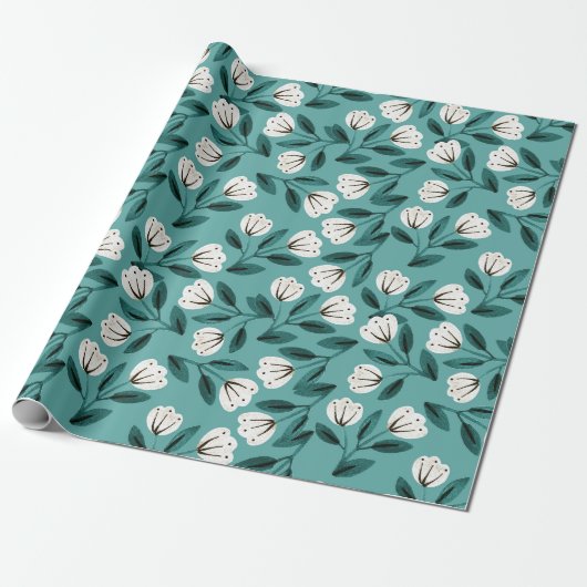 Groenblauw en witte bloemen cadeaupapier (Uitgerold)