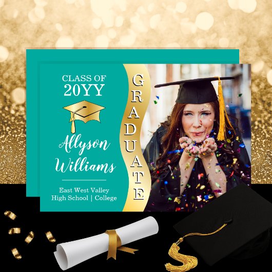 Groenblauw | Gold Afstuderen Wave Afstudeerder Pet Aankondiging