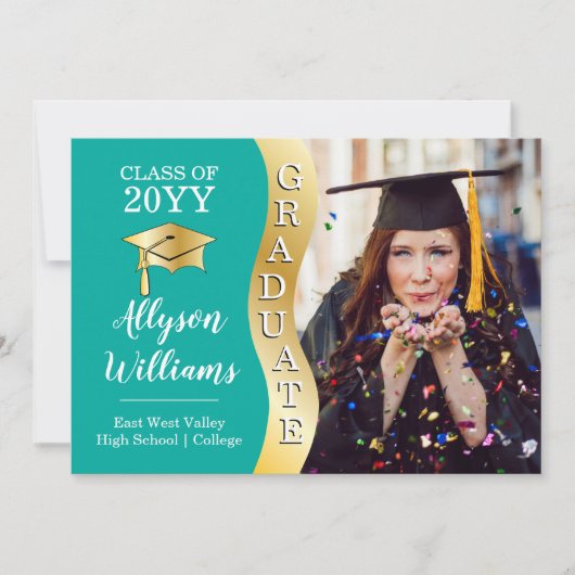 Groenblauw | Gold Afstuderen Wave Afstudeerder Pet Aankondiging (Voorkant)