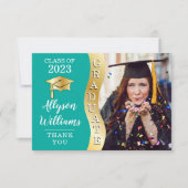 Groenblauw | Gold Afstuderen Wave Afstudeerder Pet Bedankkaart (Voorkant)