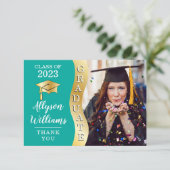 Groenblauw | Gold Afstuderen Wave Afstudeerder Pet Bedankkaart (Staand voorkant)