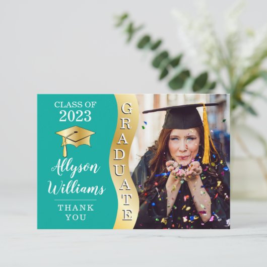 Groenblauw | Gold Afstuderen Wave Afstudeerder Pet Bedankkaart (Staand voorkant)