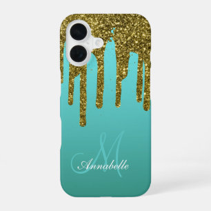 Groenblauw - Goud Glitterdruppels Persoonlijk iPhone 16 Hoesje