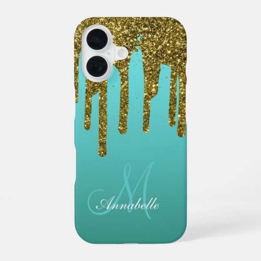 Groenblauw - Goud Glitterdruppels Persoonlijk iPhone 16 Hoesje (Achterkant)