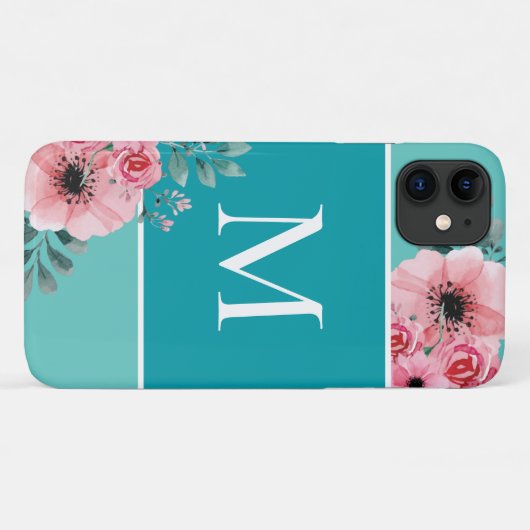 Groenblauw | Monogram Floral-Hoesje-Mat kleurenblo Case-Mate iPhone Case (Achterkant (horizontaal))
