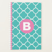 Groenblauw Quatrefoil Patroon Aangepaste Roze Mono Planner (Voorkant)