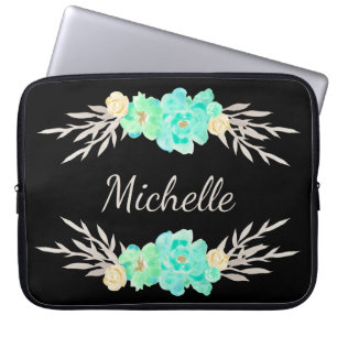 Groenblauw & Zilveren Aangepast Monogram Sjabloon Laptop Sleeve