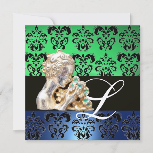 GROENBLAUW, ZWARTE, WITTE DAMASKJEWEL MONOGRAM KAART (Voorkant)