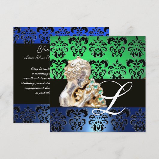 GROENBLAUW, ZWARTE, WITTE DAMASKJEWEL MONOGRAM KAART (Voorkant / Achterkant)