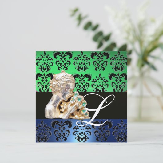 GROENBLAUW, ZWARTE, WITTE DAMASKJEWEL MONOGRAM KAART (Staand voorkant)