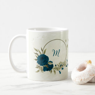 groenblauwe beige bloemmotief  koffiemok