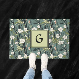 Groenblauwe Chinoiserie Bloem Initialen Wit Deurmat