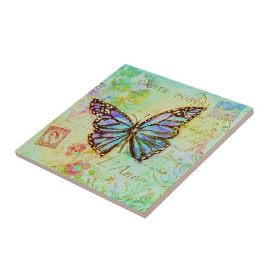 Groenblauwe en paarse vlinder tegeltje (Zijkant)