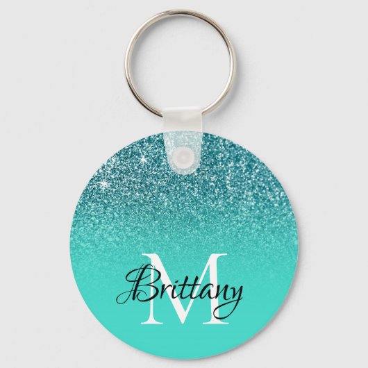 Groenblauwe Turquoise Glitter Ombre Monogram Sleutelhanger (Voorkant)