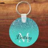 Groenblauwe Turquoise Glitter Ombre Monogram Sleutelhanger (Voorkant)