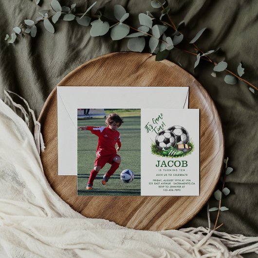 Groenblauwe Voetbal Kids Waterverf foto Kaart