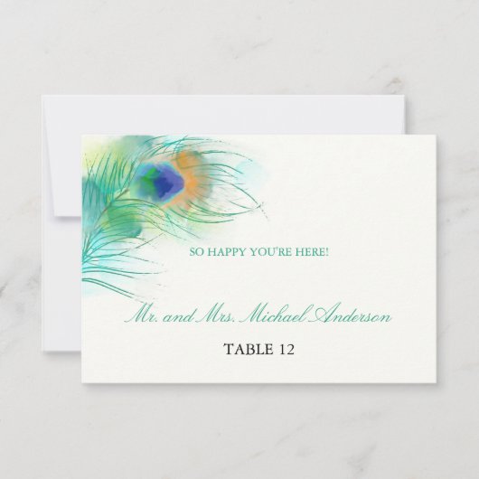 Groenblauwe Waterverf Pauwveer | Zitplaatsen Kaart (Voorkant)