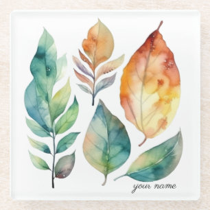 Groenblijvende & Amber blad-kunst, op maat Glazen Onderzetter