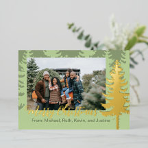 Groenblijvende en gouden folie kerstfoto kaart