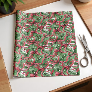Groenblijvende Hulst en Rode Lintjes Cadeaupapier