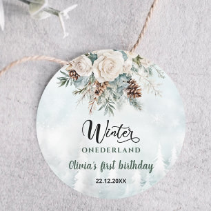 Groenblijvende Winter Onederland Eerste Verjaardag Ronde Sticker