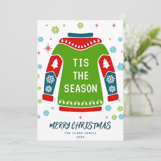 Groene 1 Foto Familie Lelijke Trui Tis het Seizoen Feestdagenkaart (Staand voorkant)