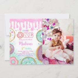 Groene 1e verjaardag Donut Party Foto Kaart