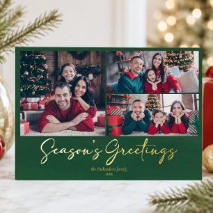 Groene 3 Foto Seizoensgroeten Kerstmis Folie Feestdagenkaart
