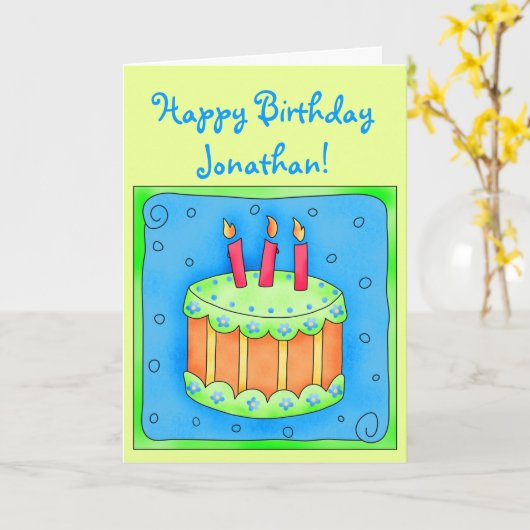 Groene 3e verjaardag Kaart met Cake (Gele Bloem)