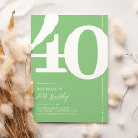 Groene 40e verjaardag uitnodigingen<br><div class="desc">Introductie van een trendy groen-witte 40e verjaardagsfeestuitnodiging die de ouderwetse charme van het gedurfde Serif-lettertype '40' naadloos combineert met een eigentijdse,  gebruiksvriendelijke personaliseerbare sjabloon. Deze uitnodiging is niet alleen een kaart,  het is een zinvolle aandenken om de mijlpaal van 40 te koesteren.</div>