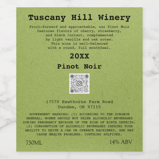 Groene Aangepaste QRCode LOGO Beschrijving Wijn Etiket (Enkel label)