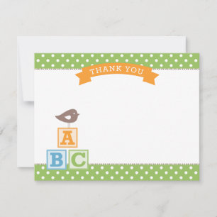 Groene ABC-blokken Baby Shower met vogel Bedankkaart