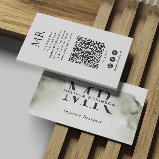 Groene Abstracte Aquarel met Monogram & QR Code Visitekaartje