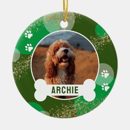 Groene Abstracte Paw Print Pet Photo Keramisch Ornament (Voorkant)