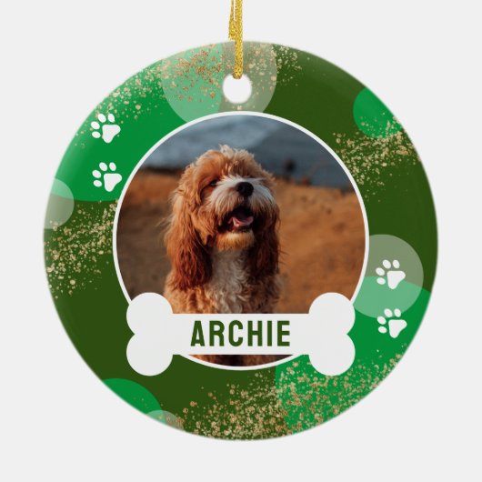 Groene Abstracte Paw Print Pet Photo Keramisch Ornament (Achterkant)