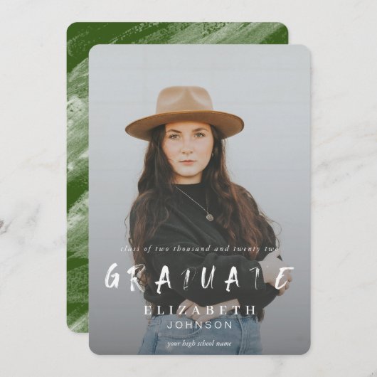 Groene Abstracte penseelstreken Foto Afstuderen Aankondiging (Voorkant / Achterkant)