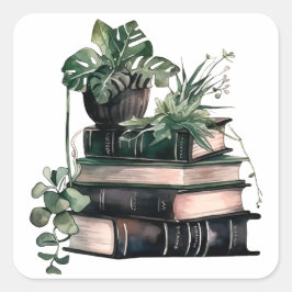 Groene academische boeken en planten vierkante sticker
