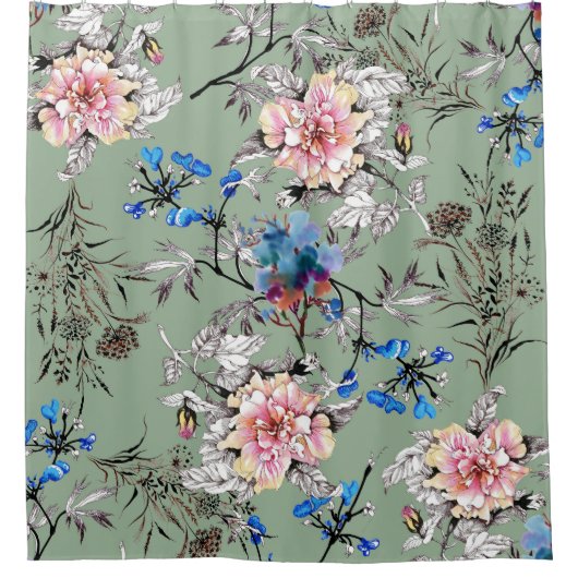 Groene achtergrond Bloemen Waterverf Patroon. Douchegordijn (Voorkant)