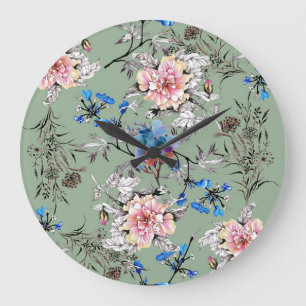 Groene achtergrond Bloemen Waterverf Patroon. Grote Klok