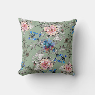 Groene achtergrond Bloemen Waterverf Patroon. Kussen