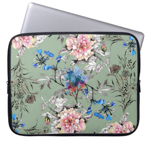 Groene achtergrond Bloemen Waterverf Patroon. Laptop Sleeve