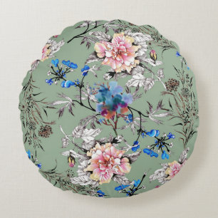 Groene achtergrond Bloemen Waterverf Patroon. Rond Kussen