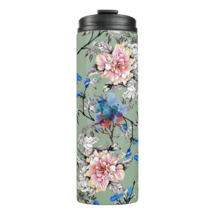 Groene achtergrond Bloemen Waterverf Patroon. Thermosbeker