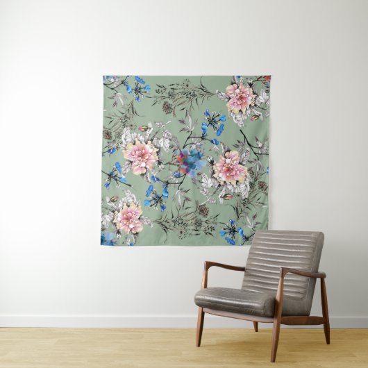 Groene achtergrond Bloemen Waterverf Patroon. Wandkleed (In Situ (horizontaal))