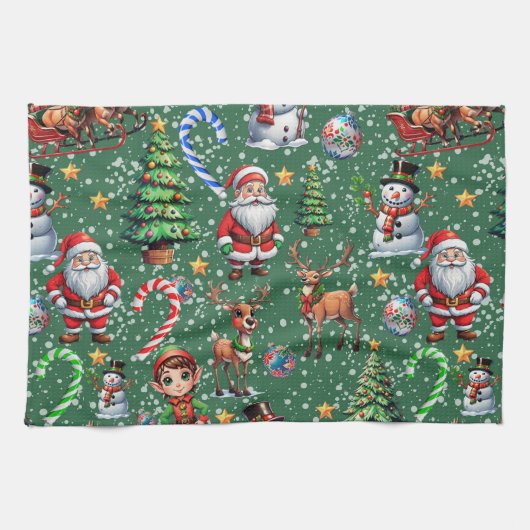 Groene Achtergrond Kerst Decoratiepatroon Theedoek (Horizontaal)